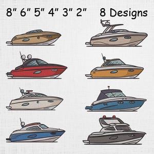 Op de afbeelding: Acht bootontwerpen in verschillende kleurenschema's worden getoond. De boten variëren in grootte, de grootste meet 20 cm en de kleinste 5 cm. De tekst "8 Designs" staat rechtsboven.