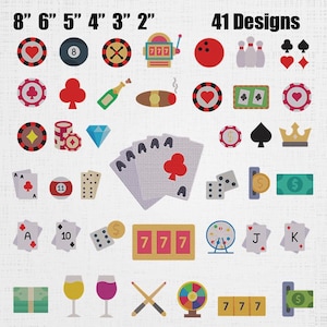 May include: A collection of 41 casino and gambling themed embroidery designs featuring playing cards, poker chips, dice, slot machines, roulette wheels, and game symbols. The text 8" 6" 5" 4" 3" 2" and 41 Designs is displayed at the top of the image.