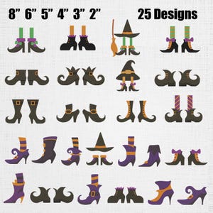 May include: A collection of 25 witch boot designs in various styles and colors, including purple, black, orange, and green. The boots range in size from 2 to 8 inches. The text "25 Designs" is displayed at the top right.