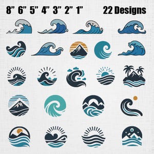 Pode incluir: Uma coleção de 22 designs gráficos com ondas do mar, montanhas, sóis e palmeiras em tons de azul, verde-azulado e dourado. O texto 8" 6" 5" 4" 3" 2" 1" e 22 Designs é exibido no topo deste conjunto de ícones circulares e em forma de onda.