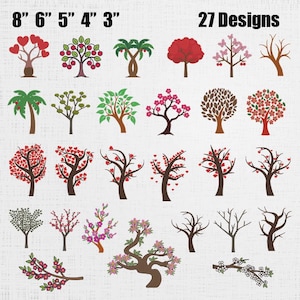 Könnte beinhalten: Eine Sammlung von 27 Baumdesigns in verschiedenen Stilen und Farben, darunter Bäume mit herzförmigen Blättern, Kirschblüten und Palmen. Größen von 7.6 cm bis 20.3 cm. Die Designs werden auf weißem Hintergrund angezeigt.