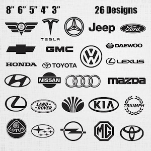 Puede incluir: Una colección de 26 logotipos de marcas de automóviles en negro, incluyendo Tesla, Jeep, Ford, Honda, Toyota, Nissan, y otros. Los logotipos están dispuestos sobre un fondo gris claro, con indicadores de tamaño de 7.6 cm a 20.3 cm.