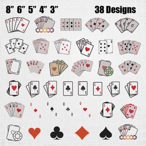 Könnte beinhalten: Eine Sammlung von Spielkarten-Designs, darunter verschiedene Hände, einzelne Karten und Kartensymbole. Das Bild zeigt den Text "8", "6", "5", "4", "3" und "38 Designs". Die Karten sind in Rot, Schwarz und Weiß.