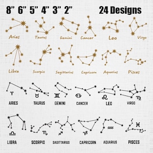 Puede incluir: Una colección de 24 diseños de constelaciones del zodiaco con 12 mapas estelares dorados con nombres y 12 mapas estelares negros con símbolos y nombres. El texto 8" 6" 5" 4" 3" 2" y 24 Designs está impreso en la parte superior.