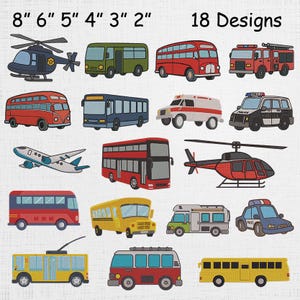 Może przedstawiać: Zestaw 18 haftowanych wzorów transportowych, w tym helikopter, autobus, wóz strażacki, karetka, radiowóz, samolot i autobus piętrowy. Rozmiary od 5 do 20 cm.