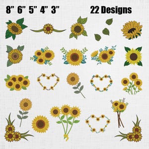 以下が含まれることがあります： 3インチから8インチ（約7.6cmから20.3cm）の様々なサイズの22種類のヒマワリのデザイン。個々のヒマワリ、花束、ハート型のアレンジメントなど、すべて黄色、茶色、緑色です。