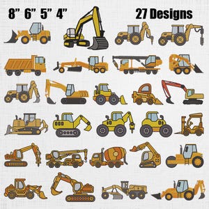 May include: A collection of 27 embroidered designs featuring various construction vehicles, including excavators, bulldozers, and trucks. The designs are primarily yellow and orange, with black and gray accents. The sizes are 8", 6", 5", and 4".