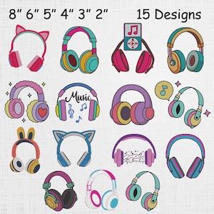 Puede incluir: Una colección de 15 diseños de auriculares coloridos, cada uno con características únicas como orejas de gato, orejas de conejo y notas musicales. Los auriculares son de varios colores. Medidas de 5 cm a 20 cm.