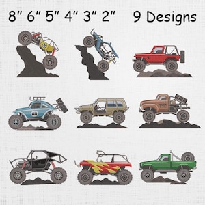 May include: Nine embroidered designs of off-road vehicles in various colors, including red, blue, and green. The designs range in size from 2 to 8 inches. The text "9 Designs" is at the top right.