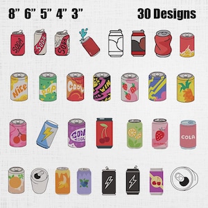 May include: A collection of 30 soda can designs, each with unique graphics and colors. The cans vary in size, with the largest measuring 8 inches and the smallest 3 inches. Designs include fruit, lightning bolts, and the word "SODA".
