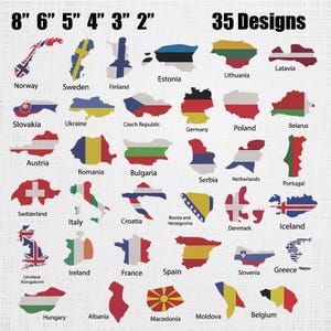 Broderidesignpaket med europeiska flaggor och kartor - Maskinbroderi med europeiska länder - Flaggor med kartmönster - 35 designer, 6 storlekar