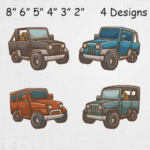 Op de afbeelding: Vier cartoon jeep-ontwerpen in zwart, blauw, oranje en blauwgroen. De afbeelding bevat de tekst "8" 6" 5" 4" 3" 2"" en "4 Designs" bovenaan. Elke jeep heeft grote banden en een gedetailleerde voorkant.