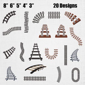 May include: A collection of 20 railway track designs in various shapes including straight, curved, and circular segments. The graphics are rendered in black, grey, and brown tones. Text at the top reads 8" 6" 5" 4" 3" and 20 Designs.