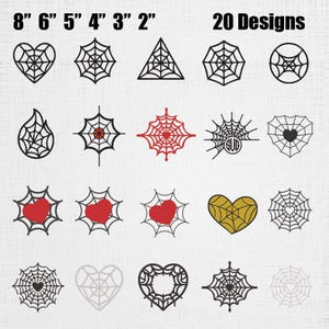 May include: A digital collection of 20 spider web designs in various shapes including hearts, triangles, and circles. The graphics feature black, red, and gold outlines, with some incorporating solid red hearts or monogram circles, labeled 8" 6" 5" 4" 3" 2".