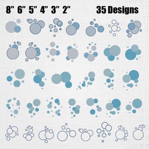 May include: A digital collection of 35 bubble designs in various shades of blue and grey. The image displays text reading 8" 6" 5" 4" 3" 2" and 35 Designs. The graphics consist of clusters of circles in solid colors and outlined styles.