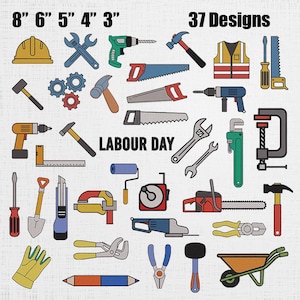 Puede incluir: Ilustración de 37 diseños de herramientas, incluyendo martillos, sierras y taladros. La imagen incluye el texto "LABOUR DAY" y medidas de 7.6 cm a 20.3 cm. Las herramientas son de varios colores y estilos, adecuadas para proyectos de construcción o bricolaje.