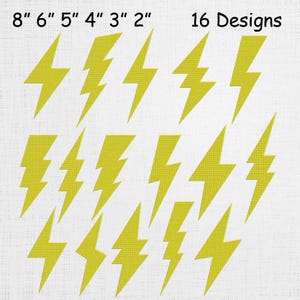 Könnte beinhalten: Eine Sammlung von 16 gelben Blitzdesigns in verschiedenen Größen, von 5 cm bis 20 cm. Das Bild enthält den Text "8" 6" 5" 4" 3" 2"" und "16 Designs."