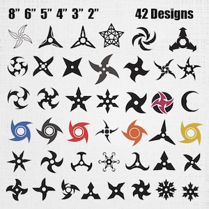 Könnte beinhalten: Eine Sammlung von 42 schwarzen, blauen, roten, orangen und goldenen Shuriken-Designs in verschiedenen Formen, darunter Sterne, Halbmonde und geometrische Muster. Der Text 8" 6" 5" 4" 3" 2" und 42 Designs steht oben im Bild.