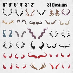 Pode incluir: Uma coleção digital de 31 designs de chifres e galhadas em várias formas e cores, incluindo preto, marrom, vermelho e cinza. A imagem exibe tamanhos variando de 2 a 8 polegadas, rotulados no topo com o texto 8" 6" 5" 4" 3" 2" e 31 Designs.