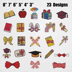 Könnte beinhalten: Eine Sammlung von 23 Designs, darunter Bücher, Äpfel, Schleifen, Bleistifte und Abschlusskappen. Die Designs sind in verschiedenen Farben und Größen erhältlich, von 7,6 cm bis 20,3 cm. Das Wort "LOVE" ist auf einem roten Buch zu sehen.