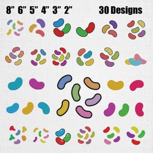 May include: A digital collection of 30 jelly bean designs in various colors and arrangements, featuring size labels of 8 inches, 6 inches, 5 inches, 4 inches, 3 inches, and 2 inches displayed at the top against a light textured background.