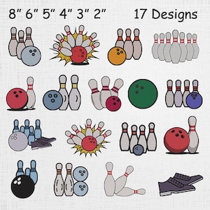 May include: A collection of 17 bowling-themed designs. The designs include bowling pins, bowling balls, and shoes. The image includes measurements from 2 to 8 inches. The designs are in various colors, including red, blue, and yellow.