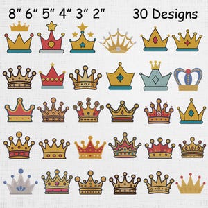 Puede incluir: Una colección de 30 diseños de coronas en varios estilos y colores, incluyendo dorado, rojo y azul. Las coronas varían en tamaño de 5 a 20 cm. El texto "30 Designs" se muestra en la parte superior derecha.