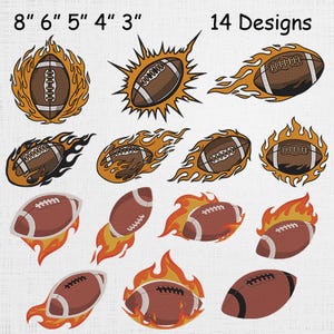 Könnte beinhalten: Eine Sammlung von 14 Designs mit braunen American Footballs mit weißen Schnürsenkeln, einige mit Flammen. Das Bild enthält den Text "8" 6" 5" 4" 3"" und "14 Designs." Die Fußbälle sind etwa 7,6 cm bis 20,3 cm lang.