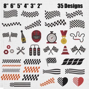 Puede incluir: Una colección de 35 diseños digitales con temática de carreras que incluye banderas a cuadros, un casco rojo, un cronómetro, una medalla de oro, un semáforo, llaves inglesas, tuercas, un cono de tráfico y corazones. Texto: 8" 6" 5" 4" 3" 2" y 35 Designs.