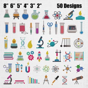 May include: A collection of 50 science-themed vector icons featuring laboratory equipment, microscopes, DNA strands, atoms, and rockets. The text 8" 6" 5" 4" 3" 2" and 50 Designs is displayed at the top of the grid of colorful illustrations.