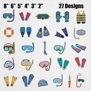 Pacchetto di disegni per ricamo di attrezzatura subacquea - Motivo pinne per immersioni e snorkeling - Ricamo a macchina per occhialini da sub - 27 disegni, 6 taglie