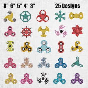 May include: A collection of 25 fidget spinner designs in various colors and shapes. The spinners range in size from 3 to 8 inches. The image includes text that reads "25 Designs".