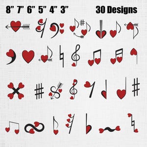 May include: A selection of 30 musical designs, each incorporating a red heart into musical notes and symbols. The designs include arrows, treble clefs, and other musical notations. The image also includes measurements from 7.6 cm to 20.3 cm.