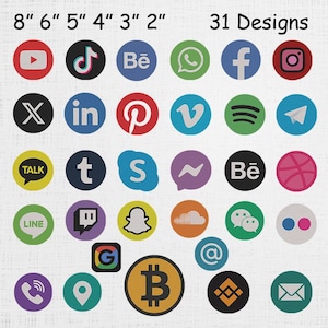 May include: A collection of 31 embroidered patches featuring social media and digital platform logos. The patches are round and vary in color, including red, black, blue, green, and yellow. The sizes are indicated in inches, ranging from 2 to 8 inches.