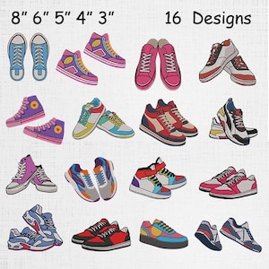 以下が含まれることがあります： 青、ピンク、赤、黄色など、さまざまな色の16種類のスニーカーのデザイン。画像には「8」「6」「5」「4」「3」と「16 Designs」の文字が含まれています。