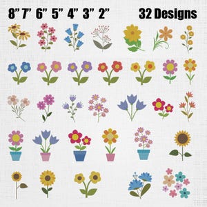 May include: A collection of 32 floral graphic designs featuring various colorful flowers, some in pots and some as stems. The text 8" 7" 6" 5" 4" 3" 2" and 32 Designs is displayed at the top of the image, indicating available sizes.