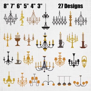 Peut inclure: Une collection de 27 modèles de lustres et bougeoirs en noir, or et marron. Le texte 8" 7" 6" 5" 4" 3" et 27 Designs est visible en haut. Les illustrations présentent divers luminaires avec des bougies, des ampoules et des bras ornés.
