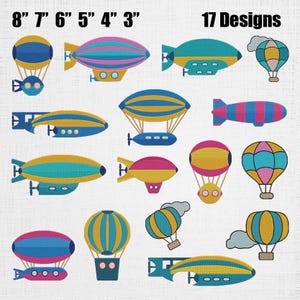 Könnte beinhalten: Eine Sammlung von 17 farbenfrohen Luftschiff- und Heißluftballon-Designs. Die Designs umfassen verschiedene Formen und Farbkombinationen, wie Blau, Gelb, Rosa und Türkis. Das Bild enthält auch die Maße 20 cm bis 7,6 cm und den Text "17 Designs".