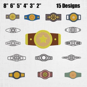 Puede incluir: Una colección de 15 diseños de bordado de cinturones de campeonato en varios estilos, incluyendo colores sólidos y contornos negros. El texto 8" 6" 5" 4" 3" 2" y 15 Designs aparece en la parte superior. Un cinturón grande marrón y amarillo está centrado.