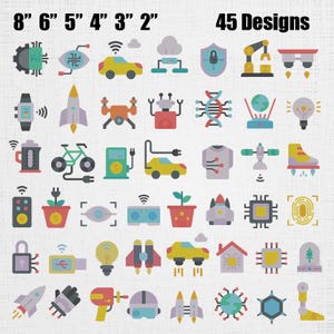 Op de afbeelding: Een verzameling van 45 kleurrijke technologie-iconen in flat-design, gerangschikt in een raster, met symbolen voor AI, robotica, ruimtevaart en connectiviteit. De tekst 8" 6" 5" 4" 3" 2" en 45 Designs staat bovenaan de afbeelding.