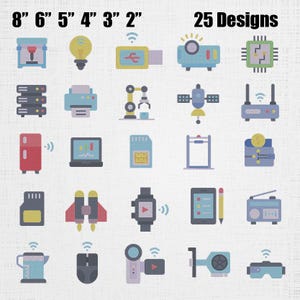 Puede incluir: Una colección de 25 iconos tecnológicos de estilo plano dispuestos en una cuadrícula, que incluyen dispositivos como una impresora 3D, bombilla, servidor, impresora, brazo robótico, satélite, enrutador, refrigerador, portátil, tarjeta y tableta.