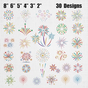 Puede incluir: Una colección de 30 diseños gráficos de fuegos artificiales coloridos en varios estilos y patrones. El texto 8" 6" 5" 4" 3" 2" y 30 Designs está impreso en la parte superior. Cada ilustración de fuegos artificiales presenta líneas radiales, puntos y formas de estrellas en rojo, azul, verde y amarillo.