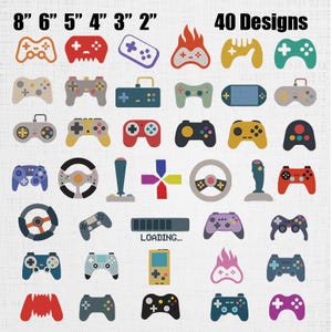 May include: A collection of 40 video game controller designs in various colors and styles, including handheld consoles, joysticks, and steering wheels. The image displays size options of 8", 6", 5", 4", 3", and 2" at the top with the text 40 Designs.