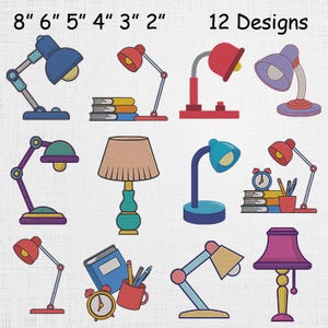 May include: An image featuring 12 different lamp designs. The lamps vary in color and style, including desk lamps and traditional lamps. The image includes measurements from 2 to 8 inches. The text "12 Designs" is also present.