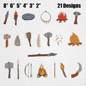 May include: A collection of 21 designs featuring prehistoric tools and elements. The image includes various sizes, ranging from 2 to 8 inches, and features items like torches, axes, a bow and arrow, and a campfire. The text "21 Designs" is displayed at the top.