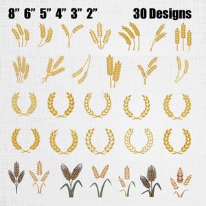 Peut inclure: Une collection de 30 motifs d'épis de blé dorés et bruns, comprenant des brins individuels et des couronnes circulaires. Le texte 8" 6" 5" 4" 3" 2" et 30 Designs est affiché en haut de l'image, indiquant les tailles et la variété.