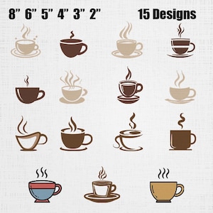 Puede incluir: Una colección de 15 diseños de tazas de café en varios tonos marrones y bronceados, con vapor saliendo de cada taza. El texto 20,3 cm, 15,2 cm, 12,7 cm, 10,2 cm, 7,6 cm, 5,1 cm y 15 Designs se muestra en la parte superior.