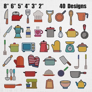 May include: A collection of 40 kitchen-themed designs, including a knife, teapot, chef's hat, and measuring cup. The image features various kitchen tools and appliances, such as a microwave, oven mitts, and a scale. The text "40 Designs" is displayed at the top.