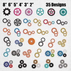 Puede incluir: Una colección de 35 diseños de engranajes en varios colores y configuraciones, etiquetados con los tamaños 8", 6", 5", 4", 3" y 2". El gráfico muestra ilustraciones de ruedas dentadas individuales y entrelazadas en negro, rojo, azul, naranja, oro y gris.