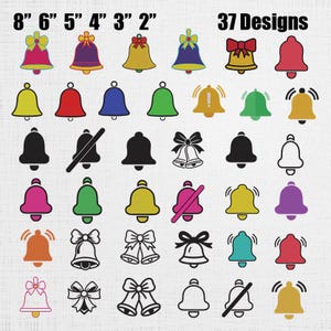 May include: A collection of 37 bell designs in various colors and styles. The bells range in size from 2 to 8 inches and include designs with bows, solid colors, and outlines. The text "37 Designs" is displayed at the top.